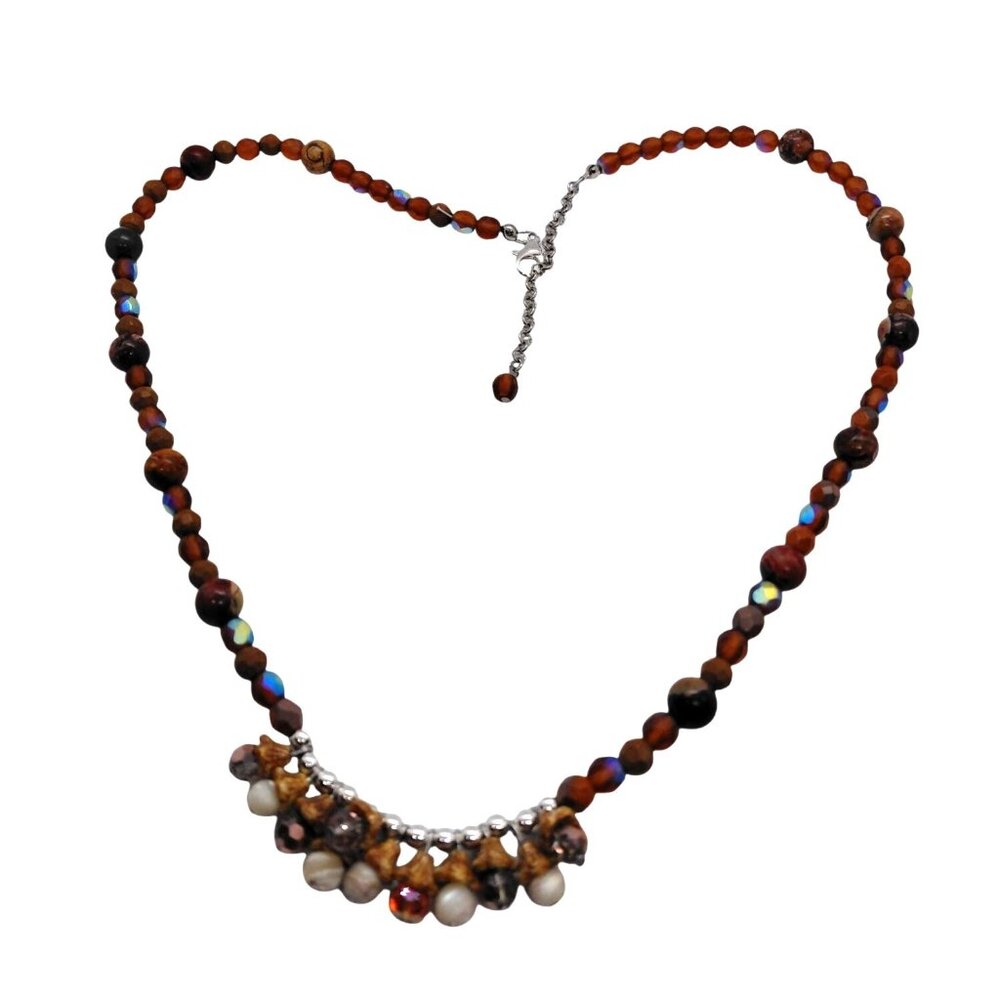 Brown fire polished Czech glass mother of pearl Jasper stone necklace